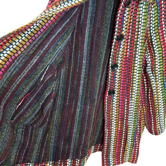 BOHO CHIC Multicolor Rainbow Yarn Embroidered Stripe Unlined Long Coat Size M - Picture 6 of 7